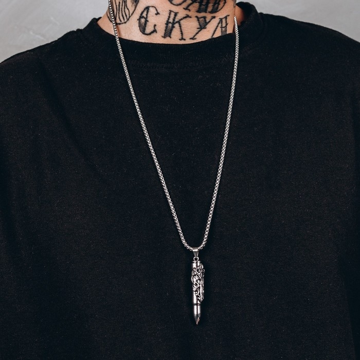 Кулон унисекс «Пуля» резной рисунок, цвет чернёное серебро, 60 см