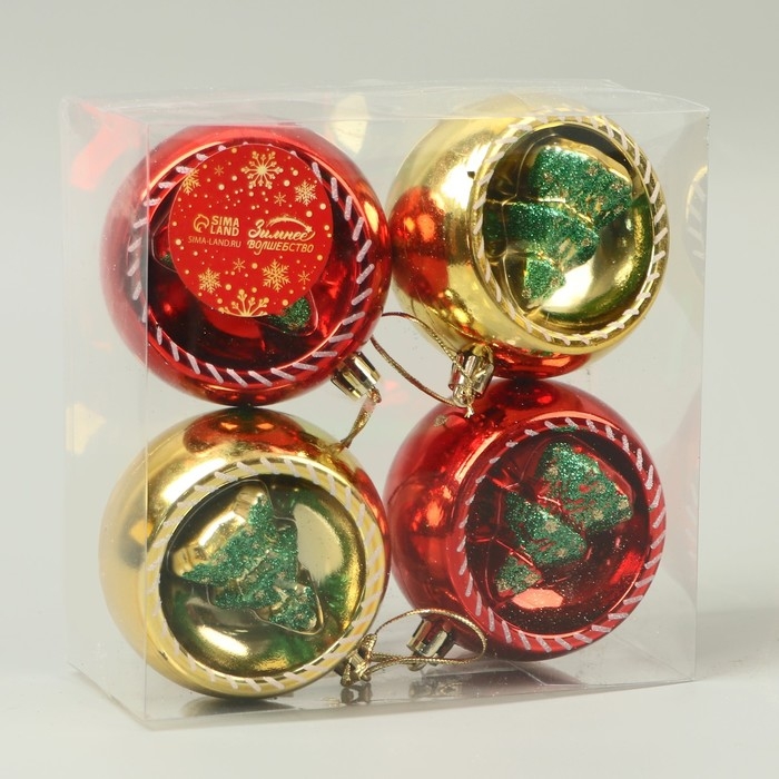 Набор шаров пластик d-8 см, 4 шт Набор шаров пластик d-8 см, 4 шт "Праздник" красный золото