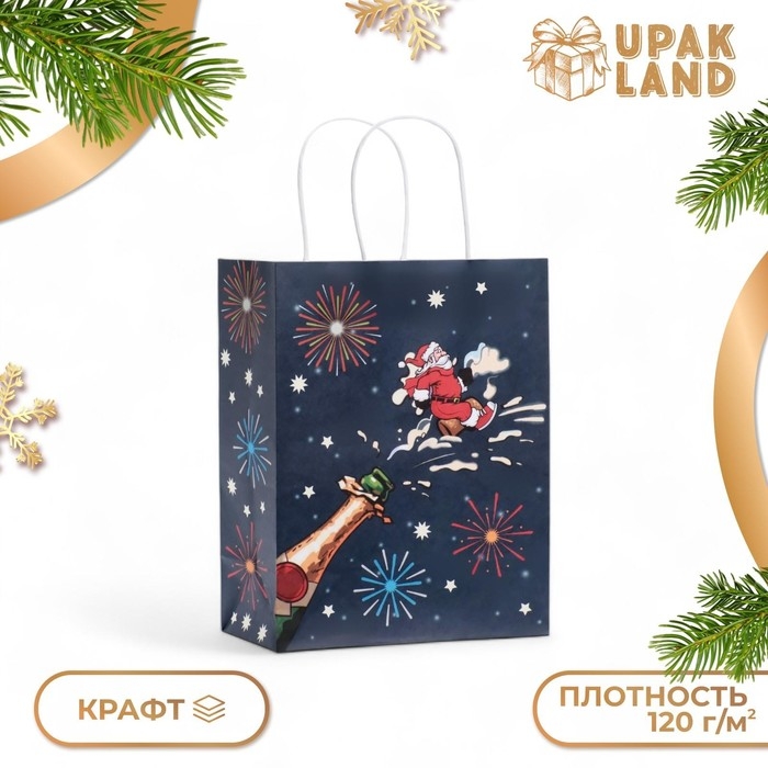 Новый год. Пакет бумажный подарочный новогодний крафт, Новый год. Пакет бумажный подарочный новогодний крафт, "Дед Мороз" , 27 х 21 х 11 см.