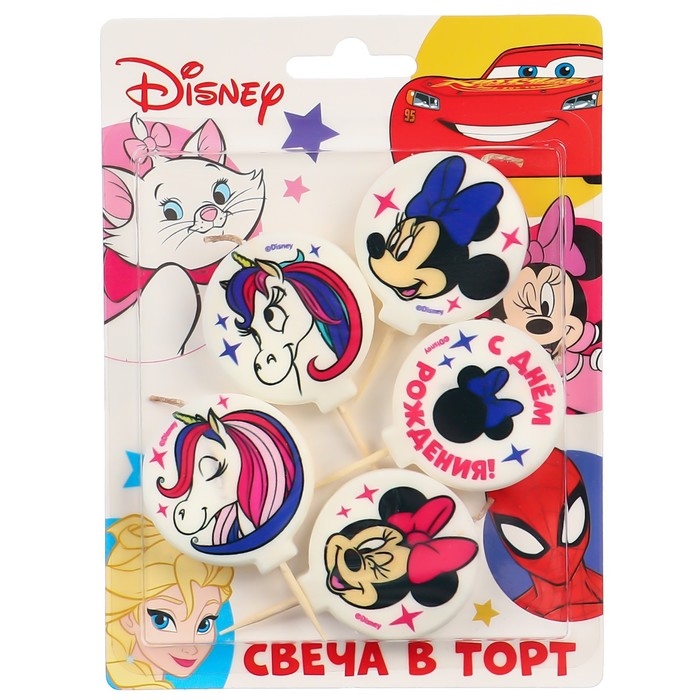 Свеча для торта Свеча для торта "С Днем Рождения!", 5 штук, Минни Маус и Единорог