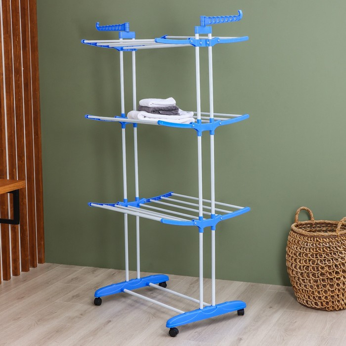 Сушилка для белья напольная трёхуровневая Доляна, 75(126)×64×170 см, рабочая длина 16 м, на колёсах Сушилка для белья напольная трёхуровневая Доляна, 75(126)×64×170 см, рабочая длина 16 м, на колёсах