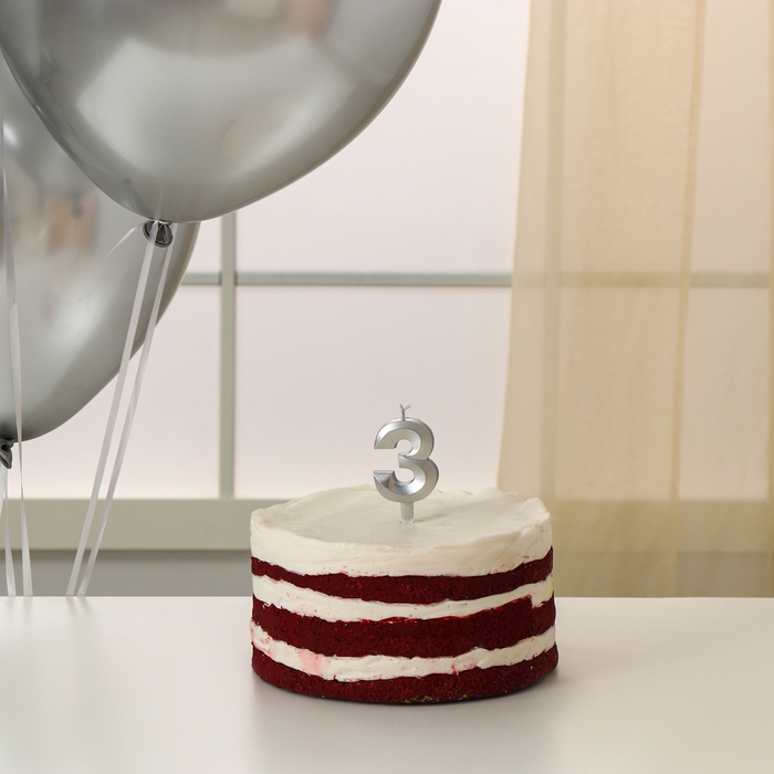 Свечи для торта + 5 шаров, цифра 3, серебро Свечи для торта + 5 шаров, цифра 3, серебро