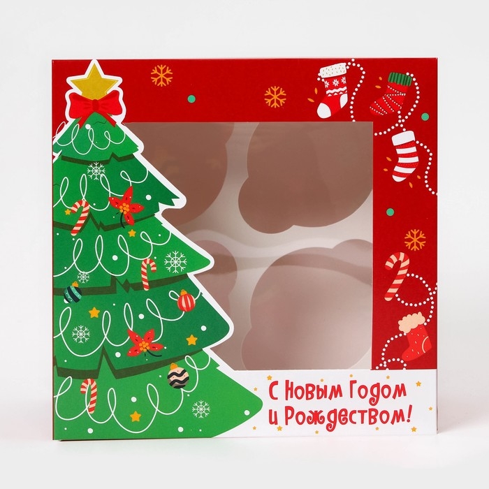 Коробка под 4 капкейка с окном  Коробка под 4 капкейка с окном "Праздничная ель", 16 х 16 х 10 см