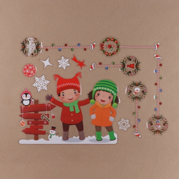 Наклейки на окна Наклейки на окна "Новогодние" снежики, медведь, 2 штуки, 35 х 50 см