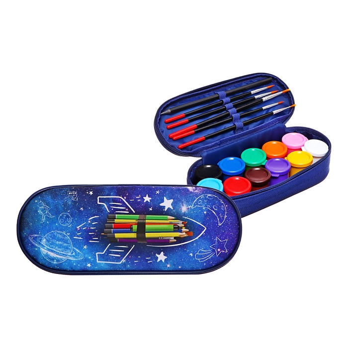 Пенал мягкий, 1 отделение, 95 х 205 х 45 мм, футляр, с наполнением 17 предметов, гуашь 11 цветов, Calligrata Пенал мягкий, 1 отделение, 95 х 205 х 45 мм, футляр, с наполнением 17 предметов, гуашь 11 цветов, Calligrata "Ракета карандаши"