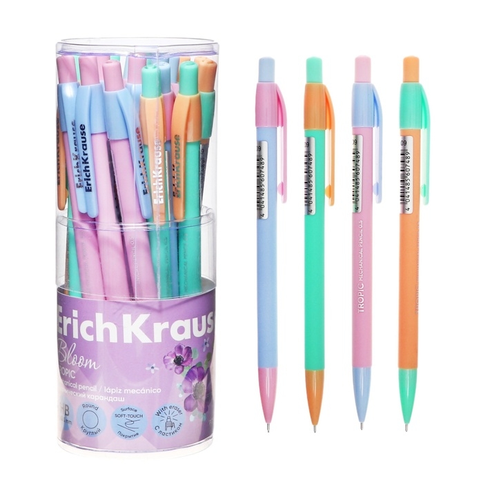 Карандаш механический 0,5 мм ErichKrause Карандаш механический 0,5 мм ErichKrause "Tropic Pastel Bloom" НВ, с ластиком, круглый корпус Soft-touch, тубус, микс