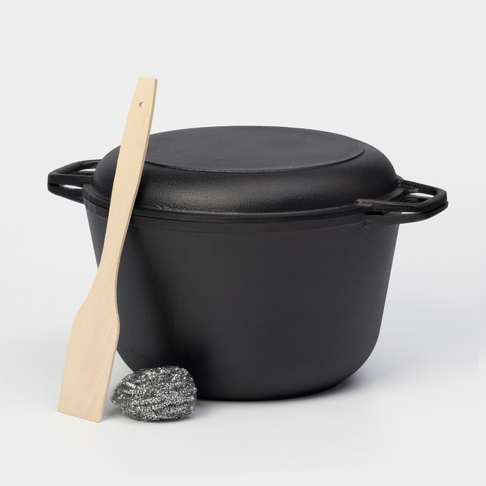 Кастрюля чугунная Wild Kitchen, 6 л, с крышкой-сковородой, лопатка и губка в комплекте Кастрюля чугунная Wild Kitchen, 6 л, с крышкой-сковородой, лопатка и губка в комплекте