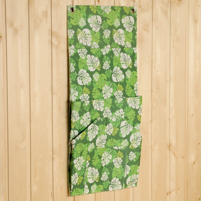 Настенный подвесной органайзер на люверсах 8 отделений, принт зеленые листья, 62х30 см, войл Настенный подвесной органайзер на люверсах 8 отделений, принт зеленые листья, 62х30 см, войл