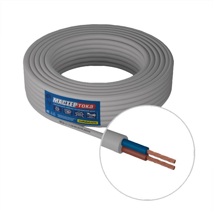 Провод  Провод "Мастер Тока" ПВСбм, сечение 2х1.5 мм2, 100 м, белый