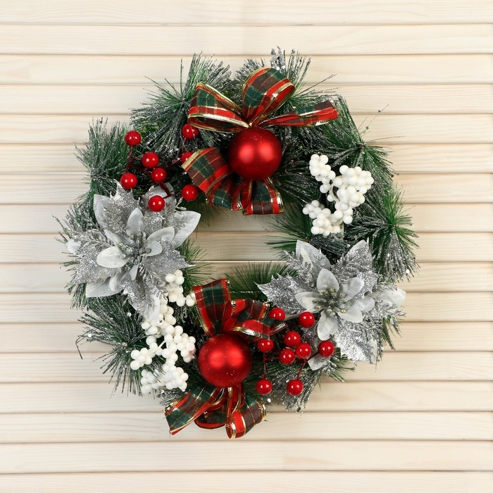 Венок новогодний d- 26 см  Венок новогодний d- 26 см "Уютная сказка" цветы бантики в клетку