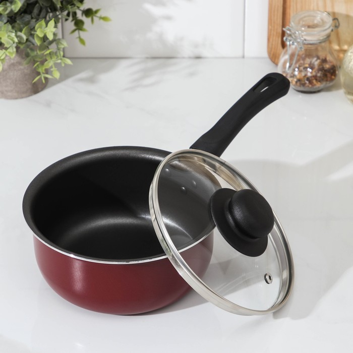 Ковш «Эксперт», 1,3 л, d=16 см, стеклянная крышка, пластиковая ручка, антипригарное покрытие, цвет бордовый Ковш «Эксперт», 1,3 л, d=16 см, стеклянная крышка, пластиковая ручка, антипригарное покрытие, цвет бордовый