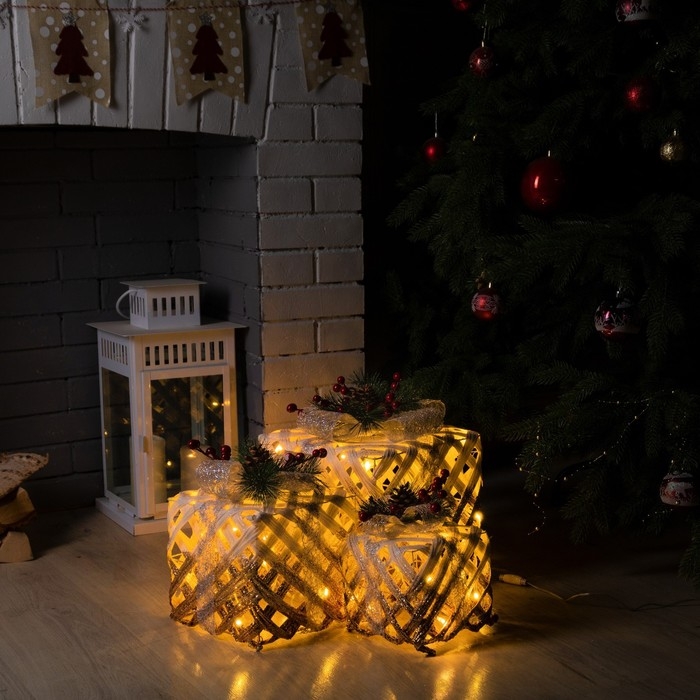 Светодиодная фигура «Белые плетёные подарки» 15, 20, 25 см, текстиль, металл, 220 В, свечение тёплое белое