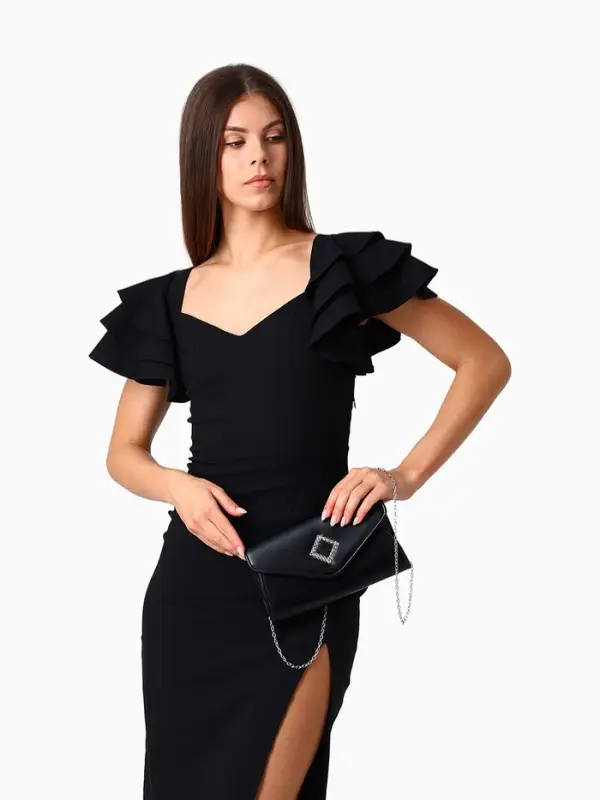 Сумка-клатч женская вечерняя на магните, на длинной цепочке, с декоративным элементом, однотонная, чёрная
