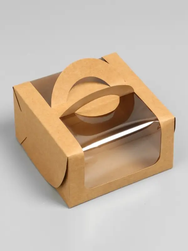 Коробка под бенто-торт с окном, крафт, 14&times;14&times;8 см