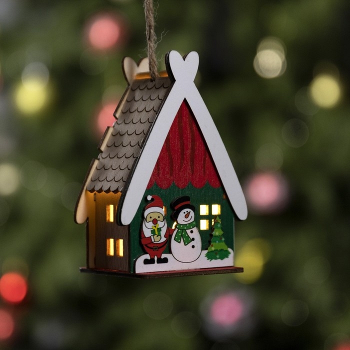 Ёлочная игрушка «Домик со снеговиком», от батареек, свечение тёплое белое Ёлочная игрушка «Домик со снеговиком», от батареек, свечение тёплое белое