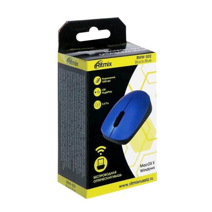 Мышь Ritmix RMW-502, беспроводная, оптическая, 1200 dpi, 2xAAA(не в компл), USB, синяя Мышь Ritmix RMW-502, беспроводная, оптическая, 1200 dpi, 2xAAA(не в компл), USB, синяя