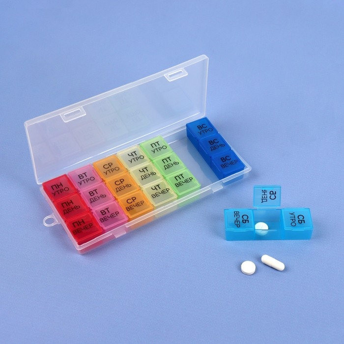 Таблетница - органайзер «Неделька», съёмные ячейки, утро/день/вечер, 19,2 × 8,5 × 2,1 см, 7 контейнеров по 3 секции, разноцветная Таблетница - органайзер «Неделька», съёмные ячейки, утро/день/вечер, 19,2 × 8,5 × 2,1 см, 7 контейнеров по 3 секции, разноцветная