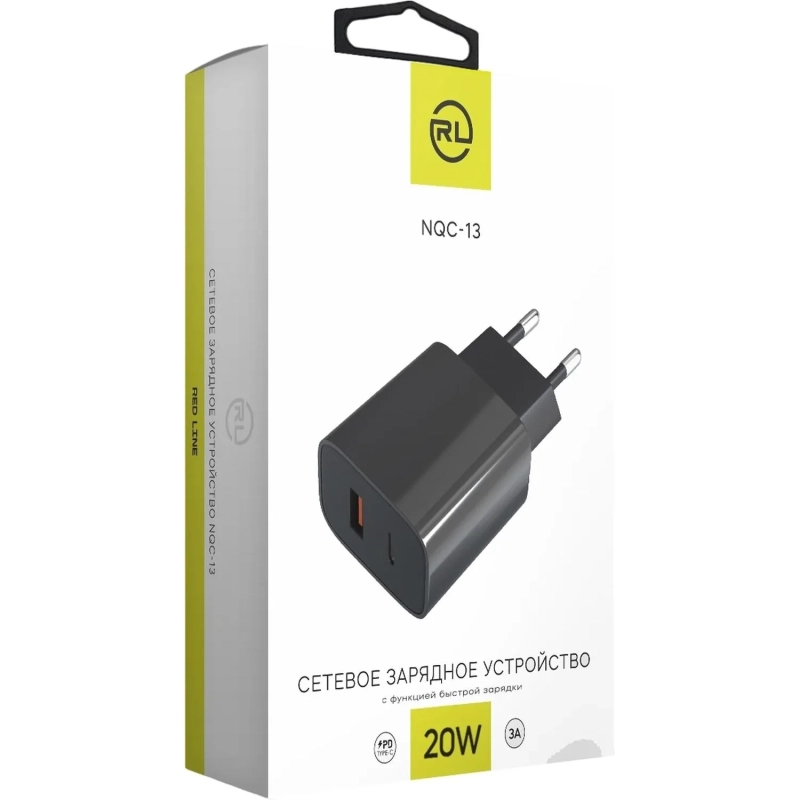 Зарядное устройство сетевое Red Line, USB+Type-C, 3A,PD 20W,чер,УТ000029980