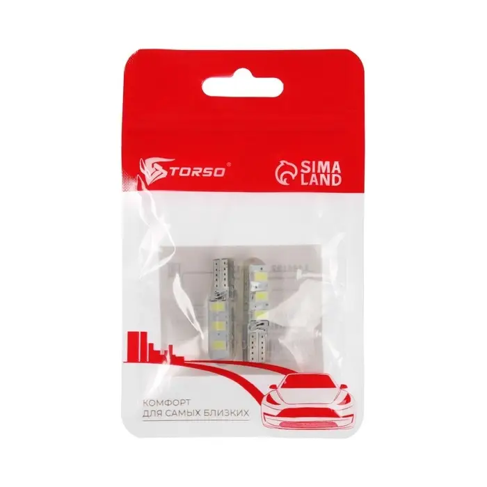 Автолампа светодиодная TORSO, T10 W5W, 12 В, 3 Вт, 6 SMD-5630, свет белый, набор 2 шт Автолампа светодиодная TORSO, T10 W5W, 12 В, 3 Вт, 6 SMD-5630, свет белый, набор 2 шт