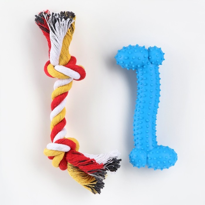 Набор игрушек для средних собак "Кость (16 см) и канат (90-100 г)", голубая