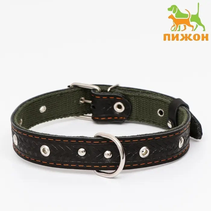Ошейник комбинированный безразмерный, кожа/брезент, 60&times;3 см, ОШ 30-57 см, чёрный/зелёный