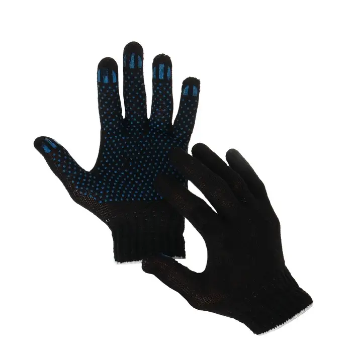 Перчатки садовые, хб, вязка 7 класс, 3 нити, размер 9, с ПВХ точками, чёрные Перчатки садовые, хб, вязка 7 класс, 3 нити, размер 9, с ПВХ точками, чёрные