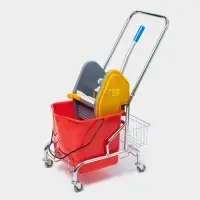 Тележка уборочная одноведерная с вертикальным отжимом и сеткой, красное ведро 25 л, хромированная рама