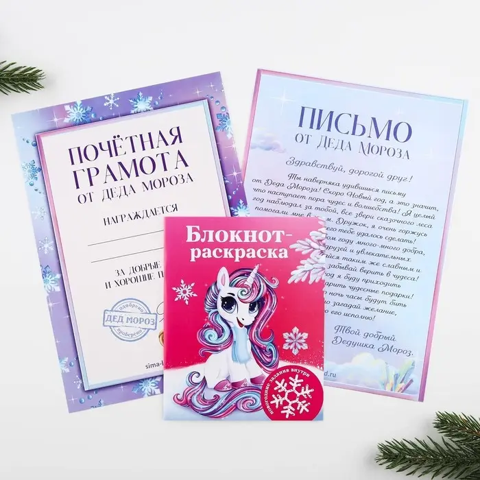 Подарочный набор новогодний, письмо от Деда Мороза, блокнот-раскраска, грамота &laquo;Волшебный единорог&raquo;
