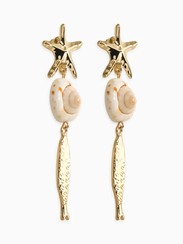 Серьги "Морской мир", рыбки с ракушкой, цвет белый в золоте