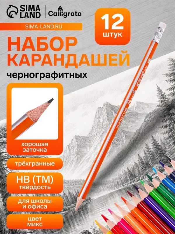 Набор карандашей цветных чернографитных Yalong, 12 штук, 2 точилки, 2 ластика, в папке на молнии, МИКС