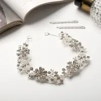 Аксессуар для волос «Долорес», цветы веточки капельки, 23.5×2 см, серебро