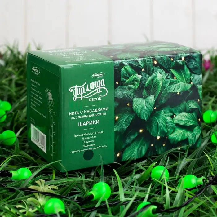 Гирлянда &laquo;Нить&raquo;, 4.5 м, уличная, с насадками &laquo;Шарик&raquo;, IP44, 30 LED, 2 режима, солнечная батарея, тёмная нить, свечение зелёное