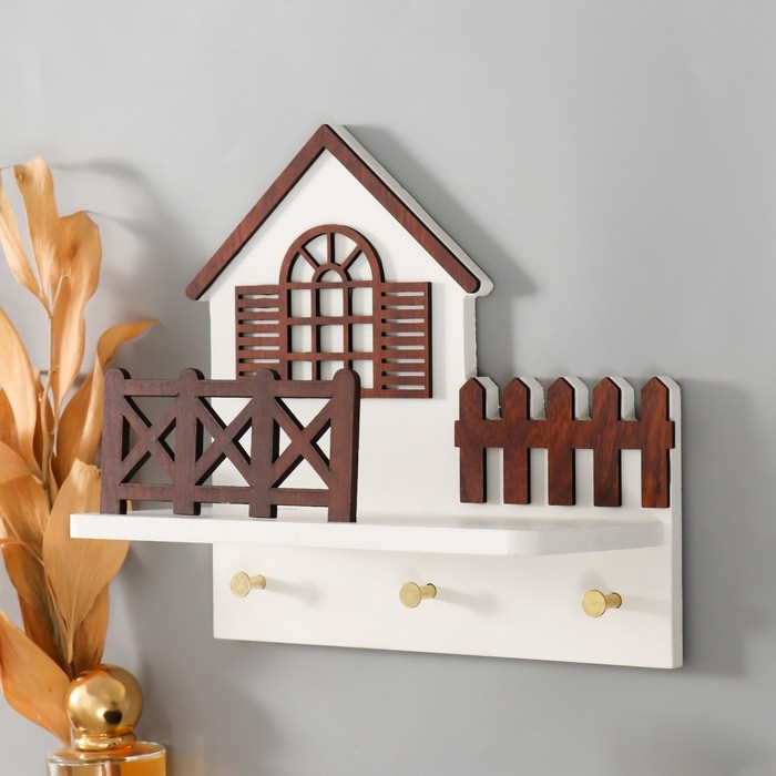 Крючки декоративные дерево с полочкой Крючки декоративные дерево с полочкой "Домик с забором" 10х20х19,5 см