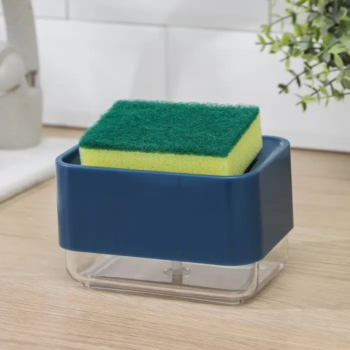 Дозатор для моющего средства с подставкой для губки, 250 мл, губка в комплекте, цвет синий Дозатор для моющего средства с подставкой для губки, 250 мл, губка в комплекте, цвет синий