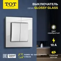 Выключатель проходной TOT Glossy Glass, 10 А, 2 клавиши, скрытый монтаж, стеклянная рамка, серебристый