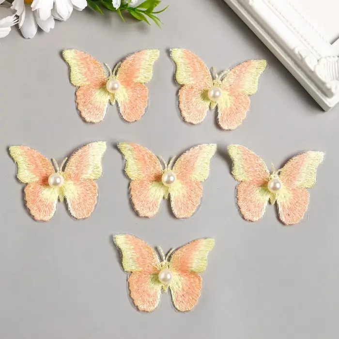 Декор для творчества текстиль вышивка "Бабочка жёлто-оранжевая" двойные крылья 5х6 см