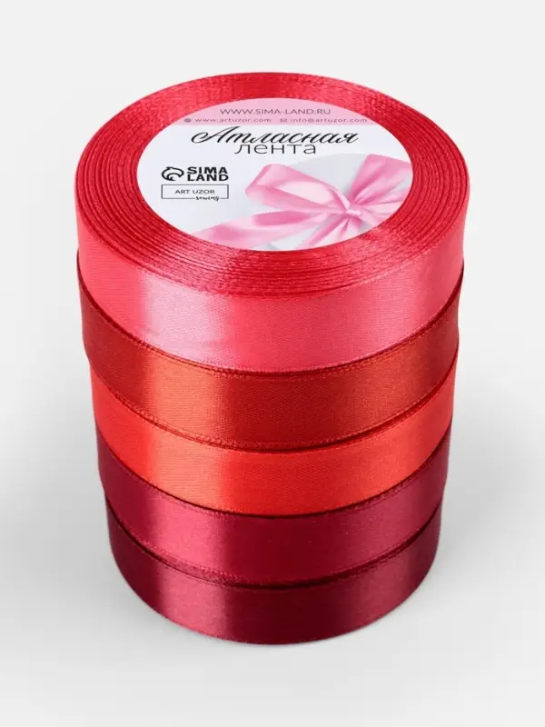 Атласная лента, набор 5 шт., 20 мм, 23&plusmn;1 м, красная, бордовая