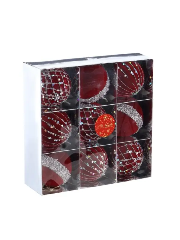 Набор шаров пластик d-8 см, 9 шт Набор шаров пластик d-8 см, 9 шт "Бархат. Фестиваль" сеточка звёзды, красный