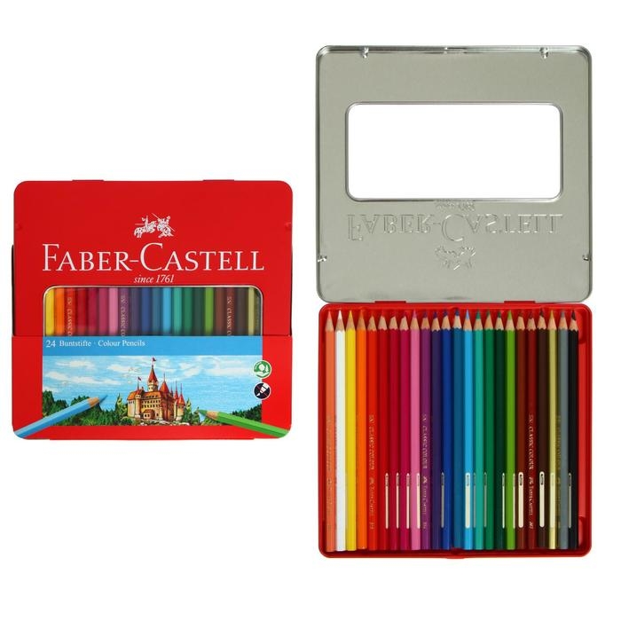 Карандаши 24 цвета Faber-Castell  Карандаши 24 цвета Faber-Castell "Замок", шестигранный корпус, заточенные, в металлической коробке