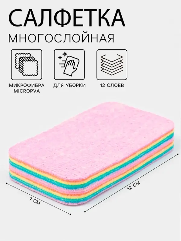 Салфетка многослойная для уборки из микрофибры MicroPVA, 12&times;7 см, 12 слоев