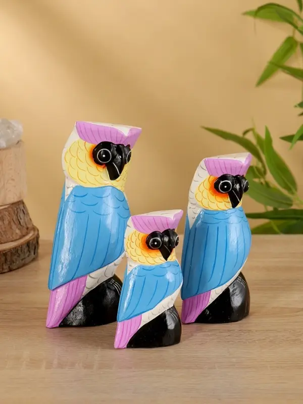 Набор сувенирный «Совы», h=18 см, h=14.5 см, h=11 см, дерево, бело-синий