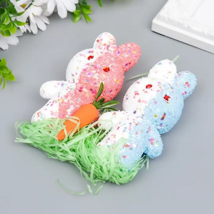 Пасхальный декор «Зайчата в посыпке с морковкой и травкой», набор: розовый, голубой, 12 см, настольная фигурка Пасхальный декор «Зайчата в посыпке с морковкой и травкой», набор: розовый, голубой, 12 см, настольная фигурка