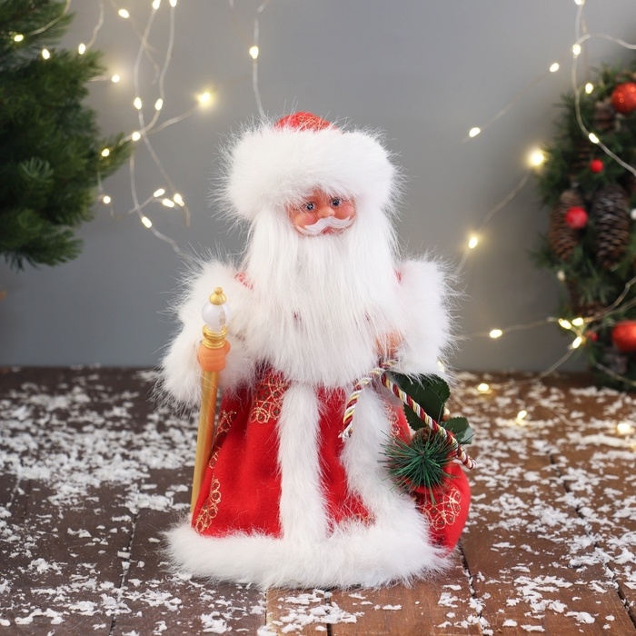 Дед Мороз  Дед Мороз "В пушистой шубе, с мешком" двигается, 30х19 см, красный
