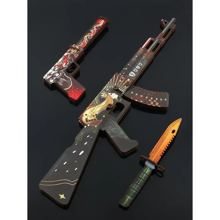 Набор сувенирное оружие «Красный с золотом», автомат, пистолет с глушителем, нож-штык, 3 шт