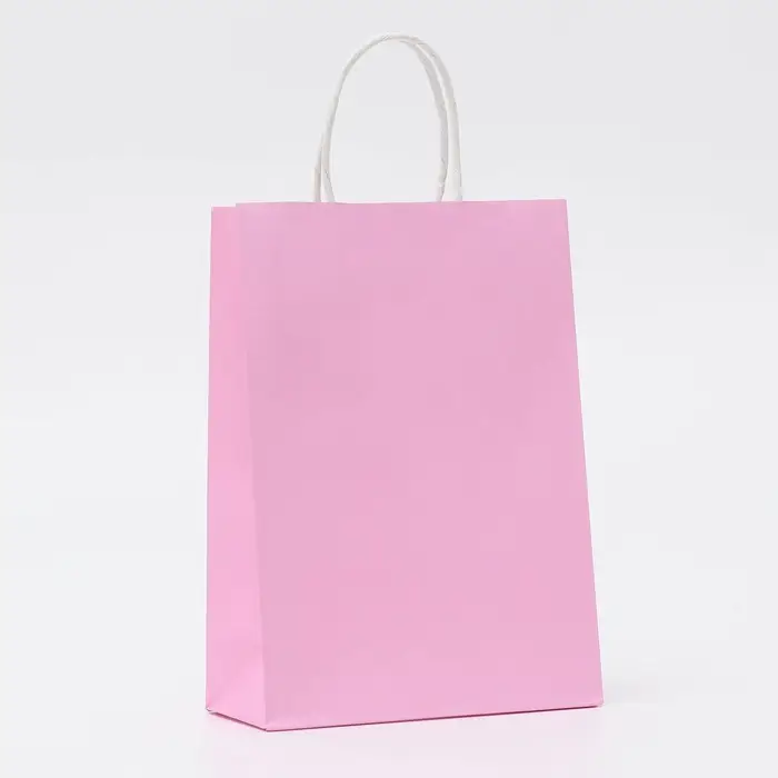 Пакет крафт розовый, круглая ручка, 18×8×25 см, 120 г