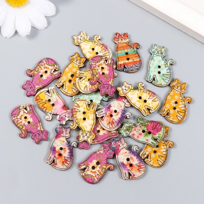 Пуговицы декоративные дерево 2 прокола Пуговицы декоративные дерево 2 прокола "Яркие кошечки" набор 20 шт 3х1,8 см