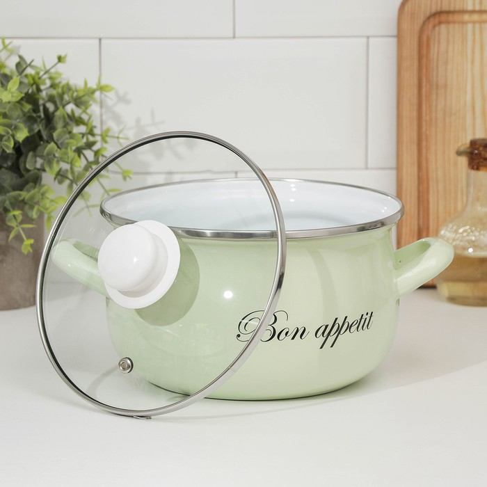 Кастрюля эмалированная «Лайм», 3.1 л, стеклянная крышка, индукция, цвет светло-зелёный Кастрюля эмалированная «Лайм», 3.1 л, стеклянная крышка, индукция, цвет светло-зелёный