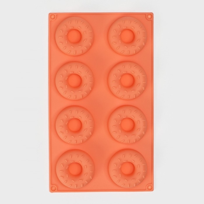 Форма для выпечки Доляна &laquo;Сладости.Пончики с кунжутом&raquo;, силикон, 28,5&times;17 см, 8 ячеек (d=6,3 см), цвет оранжевый