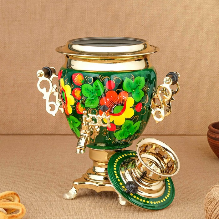 Набор «Маки на зелёном», жёлудь, 3 предмета, самовар 3 л, заварочный чайник 0,7 л, поднос Набор «Маки на зелёном», жёлудь, 3 предмета, самовар 3 л, заварочный чайник 0,7 л, поднос