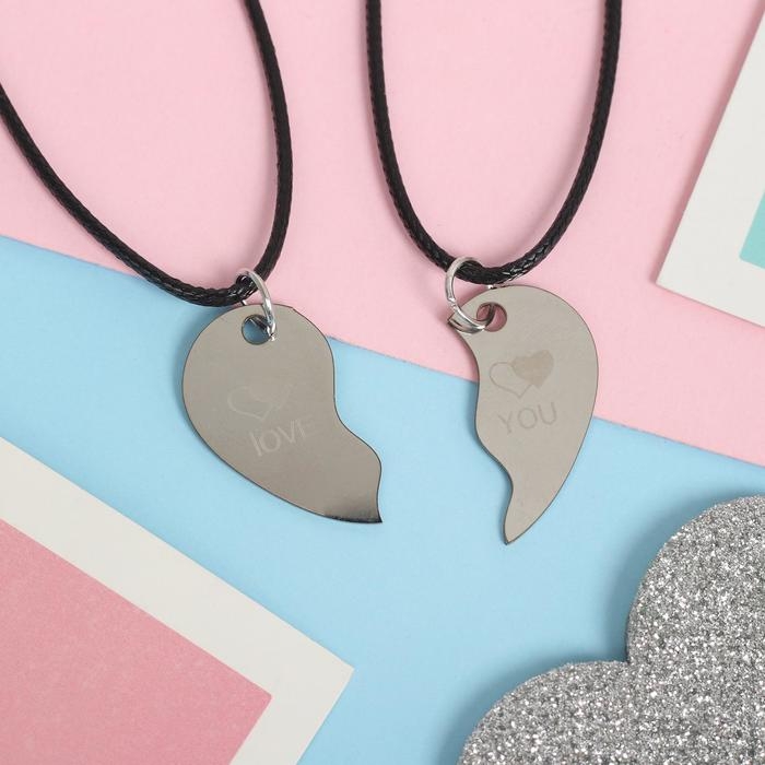 Кулоны на шнурке «Неразлучники» стальные, два сердца, цвет чёрный в серебре, 45 см Кулоны на шнурке «Неразлучники» стальные, два сердца, цвет чёрный в серебре, 45 см